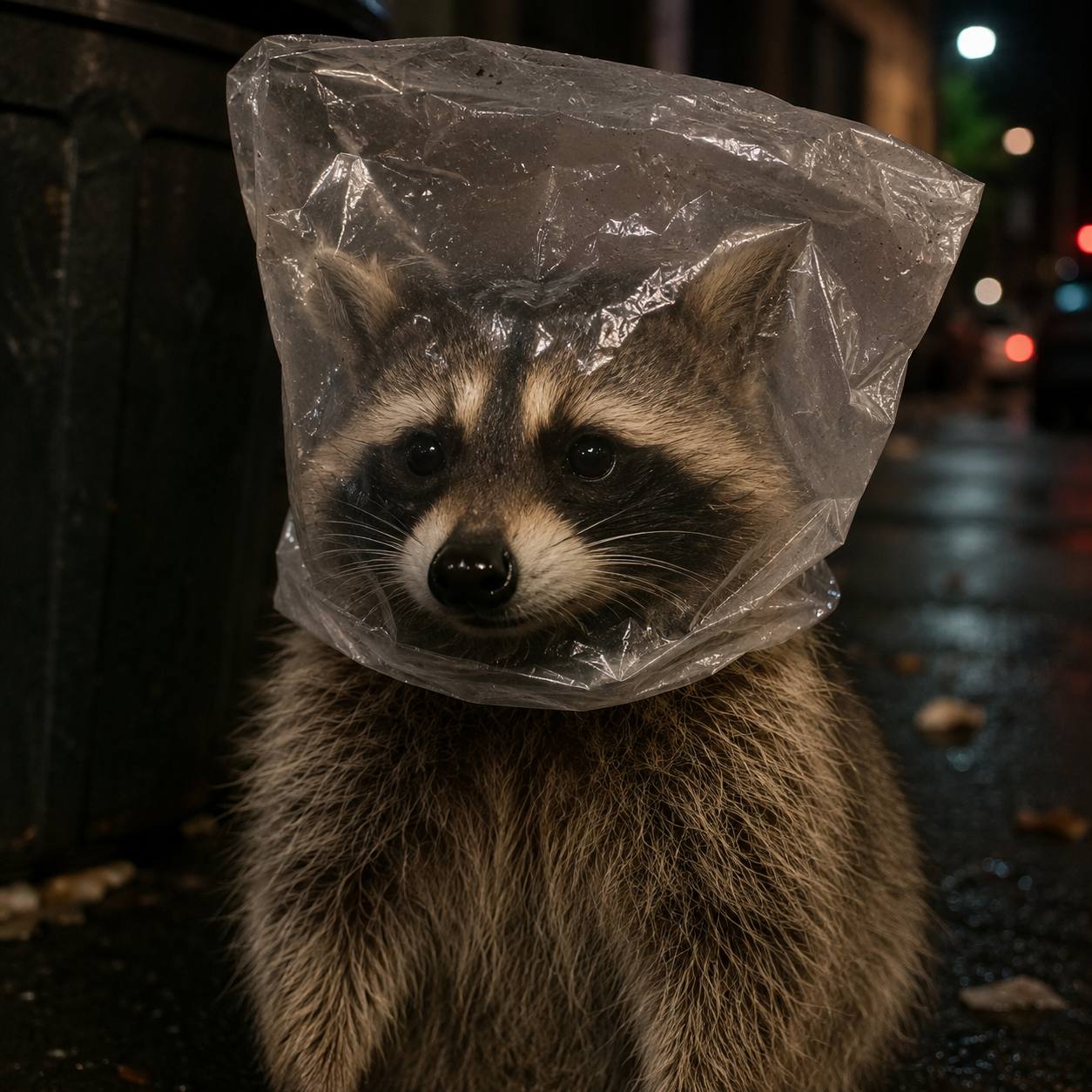 A raccoon with a clear plastic bag over its head, standing in a dark alley at night